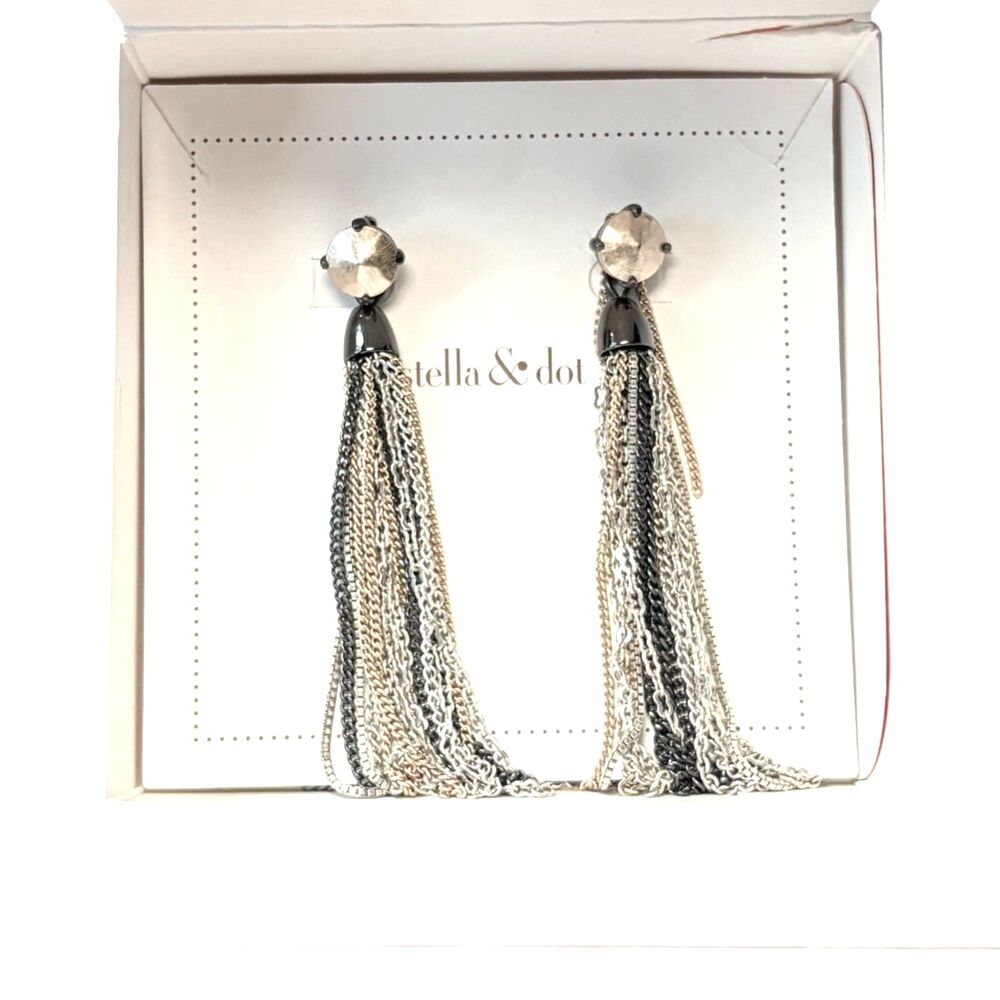 Stella & Dot Tassel Fringe Metallic Stud Earrings – Mixed Metal Chains Retired